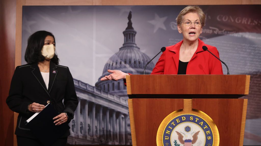 Sen. Elizabeth Warren (D-Mass.) holds a news conference with Rep. Pramila Jayapal (D-Wash.) to propose new laws to tax the net worth of America's wealthiest at the U.S. Capitol in Washington, DC, on March 1. Warren and Jayapal introduced the bill to apply a 2 percent tax on people worth more than $50 million. (Chip Somodevilla/Getty Images)