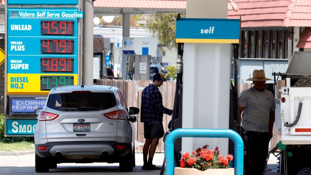 A customer prepares to pump gasoline into his car at a Valero station on July 12, 2021 in Mill Valley, California. The statewide average in California is $4.30, the highest average in the state since 2012. (Justin Sullivan/Getty Images)