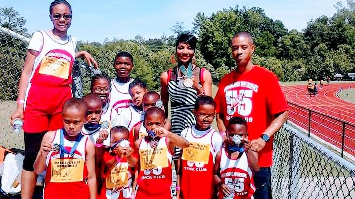 Olympic gold and silver medalist Rochelle Stevens (center) hosts a track camp for youths in Memphis, Tennessee. “More than 30,000 inner-city youth have taken part in our tracks meets and programs [overall],” Stevens said. (Courtesy of Rochelle Stevens)
