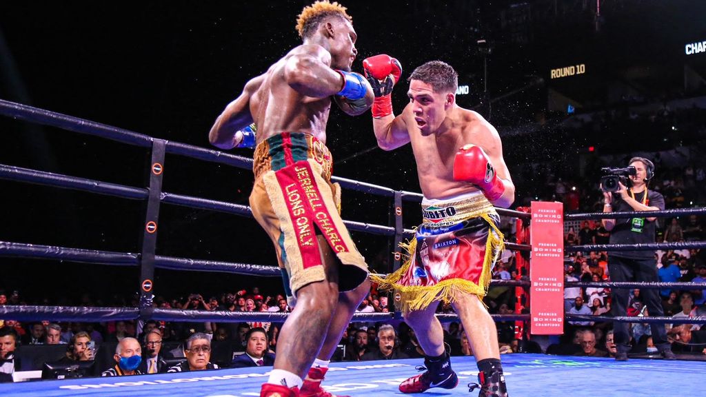 Brian Castaño (right) pressured Jermell Charlo throughout Saturday’s 154-pound unification fight and got the better of the action along the ropes. But the split decision after 12 rounds left fans and analysts clamoring for a rematch. (Leo Wilson Jr./PBC)