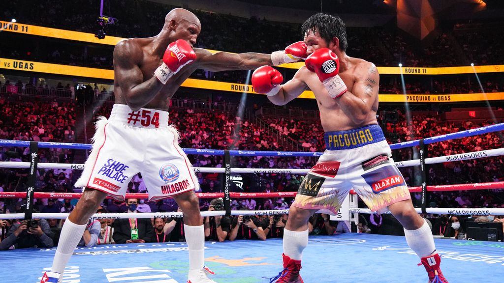 WBA welterweight champion Yordenis Ugas (left) said ‘The double-jab was the lead punch’ dictating Saturday's dominant unanimous decision over eight-division titlist Manny Pacquiao. (Sean Michael Ham/TGB Promotions)br 