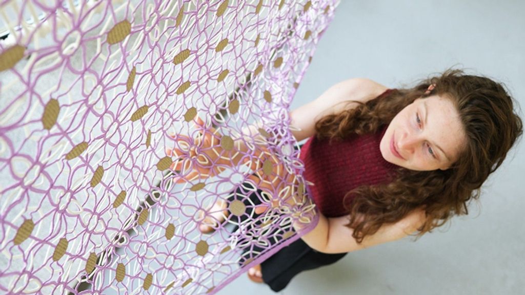 Ganit Goldstein displaying her conductive textile at her Royal college of Art graduation, July 25, 2021. (Courtesy of Ganit Goldstein)