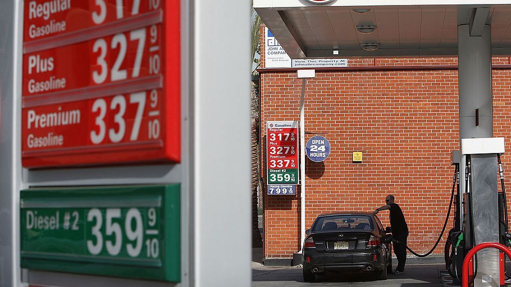 AAA put the national average retail price at $3.18 for a gallon of regular unleaded gasoline on Tuesday.(Photo by David McNew/Getty Images)