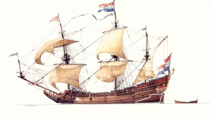 Artist's impression of the 1629 Dutch ship Batavia. The white line indicates the preserved section of the port-side transom raised from the shipwreck site. (Ross Shardlow/Zenger)