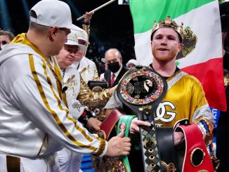 “Canelo is a beast. A monster, said three-division champion Abner Mares of four-division and IBF/WBA/WBC/WBO undisputed 168-pound title winner Canelo Alvarez with trainer Eddy Reynoso (left). “Canelo is on top of all the great Mexican fighters.” (Sean Michael Ham/TGB Promotions)