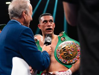 Two-time 168-pound champion David Benavidez (center) remained undefeated with Saturday's seventh-round TKO of Kryone Davis, his fifth straight knockout. Benavidez desires an all-Mexican clash with undisputed super middleweight champion Canelo Alvarez if not WBC 160-pound titleholder Jermall Charlo. (Ryan Hafey/Premier Boxing Champions)