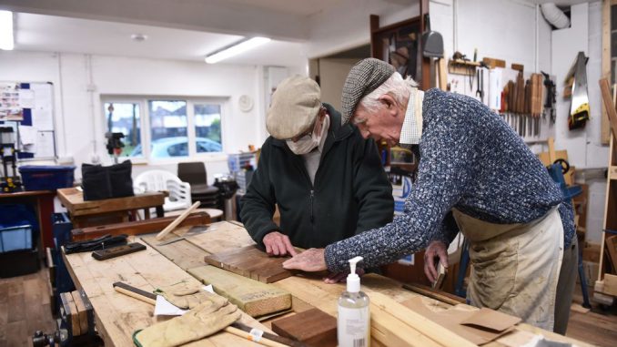 Members from Yorks Men's Shed attend their weekly meeting as they work on joinery projects on December 14, 2021 in York, England. (Photo by Nathan Stirk/Getty Images)