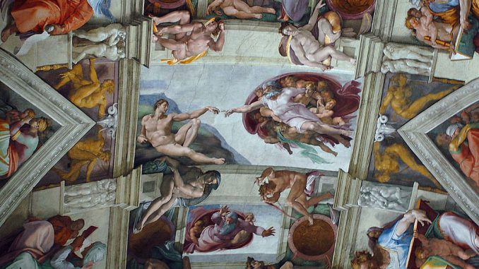 Part of Michelangelo's artwork that adorns the ceiling of the Sistine Chapel at the Vatican, Italy. A new public-private partnership between Sensorium and Humanity 2.0 will put images like this on display in a virtual-reality space. (Fotopress/Getty Images)