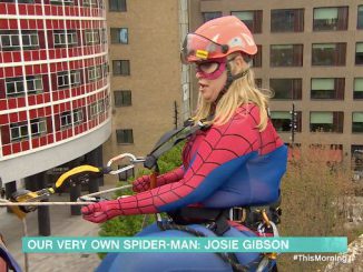 Josie Gibson stunned viewers by abseiling down the iconic TV Centre in London dressed as Spider-Man. (Matthew Newby/Zenger)