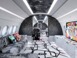 A rendering of a custom-designed cabin for an ACJ Two Twenty luxury jet. (Herve Gousse/Master Films)