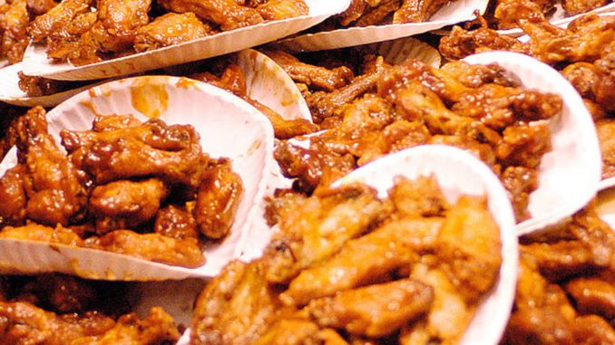 Buffalo Wings are stacked up before the competition begins at the 12th Annual Wing Bowl on January 30, 2004 in Philadelphia, Pennsylvania.  (Photo by Jeff Fusco/Getty Images)