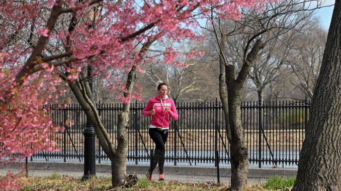 A woman is seen jogging in Central Park as the coronavirus continues to spread across the United States on March 21, 2020 in New York City. The World Health Organization declared coronavirus (COVID-19) a global pandemic on March 11th. (Photo by Dia Dipasupil/Getty Images)
