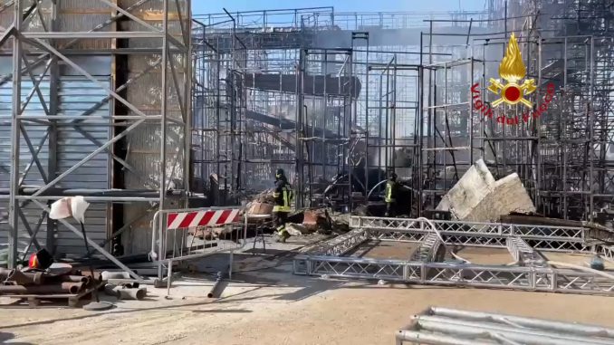 Freighters with the debris after the fire was extinguished at Cinecitta Studios, in Rome, Italy, on Monday, August 1, 2022. There were no reported injuries.  (@vigilidelfuoco/Zenger)