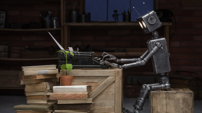 A robot can be seen using a typewriter. The advancement of AI-based writing products is creating paranoia among writers as they fear that a creation of such kind might sabotage their chances of employment. (Image by Vasilyev Alexandr via Shutterstock)