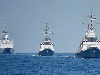 Two Israeli Sa'ar 5 class corvette (C-R) during an exercise in the Mediterranean Sea on August 7, 2019. Sailors from France, Greece and the United States arrived on their vessels and were joined by the Israelis. JACK GUEZ/AFP VIA GETTY IMAGES