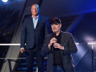 Kevin Feige, president of Marvel Studios, speaks during the opening ceremony for Avengers Campus as Bob Chapek, Chief Executive Officer of The Walt Disney Company, stands behind him inside Disney California Adventure in Anaheim, CA, on Wednesday, June 2, 2021.JEFF GRITCHEN/GETTY IMAGES 