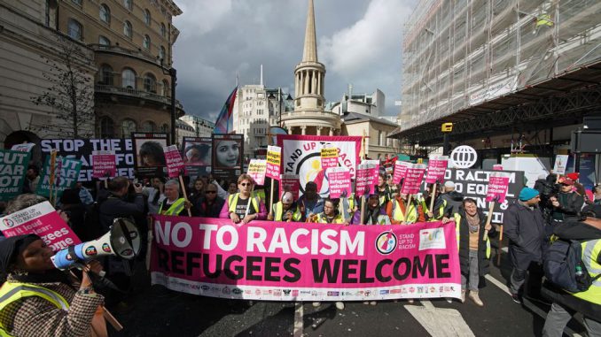 People march towards Downing Street in London to demonstrate against racism, Islamophobia, antisemitism, fascism and the far right. Rise in hate crime has gone up with the spark of antisemitism in the United States. JEFF MOORE/JNS