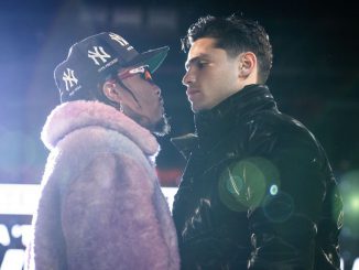 Gervonta Davis and Ryan Garcia face-off promoting their April 22nd showdown in Las Vegas in New York City on March 8th. (Amanda Westcott/Showtime)