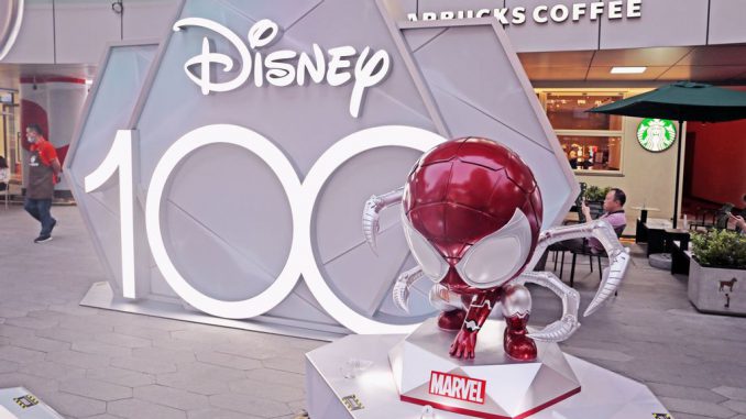 Cartoon characters such as Mickey Mouse, Donald Duck and Q version of Iron Man and Spider-Man displayed at a food court to celebrate the 100th anniversary of the birth of the Disney brand in Shanghai, China, May 26, 2023. CFOTO/BENZINGA