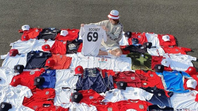 strongDepop entrepreneur Callum Massey with a hoard of England football shirts he resold. CALLUM MASSEY/SWNS/strong