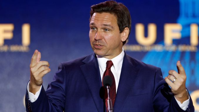 Republican presidential candidate Florida Governor Ron DeSantis delivers remarks at the 2023 Christians United for Israel summit on July 17, 2023 in Arlington, Virginia. The campaign for Republican presidential contender and Florida Gov. Ron DeSantis said the candidate and a few of his team members were involved in a vehicular accident on their way to a campaign event on Tuesday. PHOTO BY ANNA MONEYMAKER/GETTY IMAGES