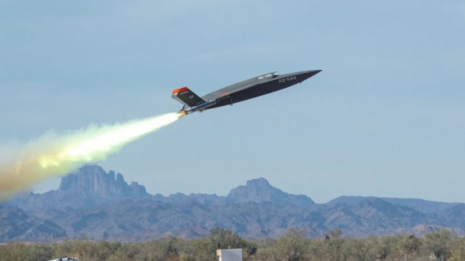 The XQ-58A Valkyrie AI-controlled drone taking off.The sortie demonstrated the first-ever flight of a href=https://www.afrl.af.mil/AFRL (Air Force Research Laboratory)/a -developed, machine-learning trained, artificial intelligence algorithms on an a href=https://www.defensenews.com/unmanned/2023/08/03/artificial-intelligence-flies-xq-58a-valkyrie-drone/XQ-58A Valkyrie/a. PHOTO BY USAF/SWNS 