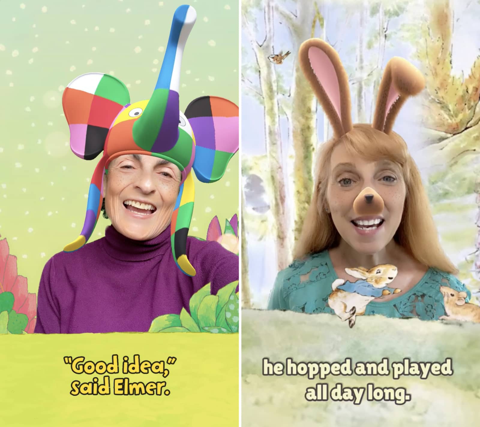 “Peter Rabbit” and “Elmer” are two of many stories Zoogers can record with augmented reality effects. Screenshots courtesy of Zoog