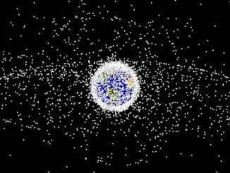 Thousands of soft-ball size objects orbit the Earth, as seen from an oblique vantage point. (NASA Orbital Debris Program)
