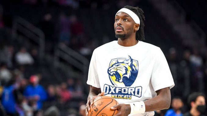 Jerami Grant #9 of the Detroit Pistons warms up wearing a shirt in support of the victims of the Oxford High School shooting. Grant is one of the NBA’s most sought-after players in potential deals as February’s trade deadline approaches. (Nic Antaya/Getty Images)