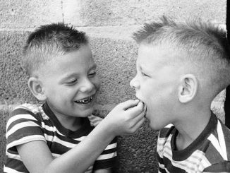 Bobby, whose two front teeth had dropped out, gives his twin brother Jerry some assistance with his loose front teeth in this photo from around 1955. Genetic anomalies and nutrition issues may be at the root of a childhood condition known as “chalky teeth,” researchers now believe. (Nocella/Three Lions/Getty Images)