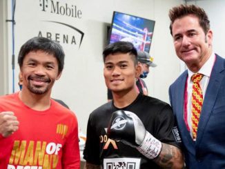 Unbeaten Mark Magsayo (center) fights WBC 126-pound champion Gary Russell Jr. on Saturday, 27 years to the day from the professional debut of Filipino countryman and eight-division champion Manny Pacquiao (left). MP Promotions President Sean Gibbons is at right. (Francis Magsayo)