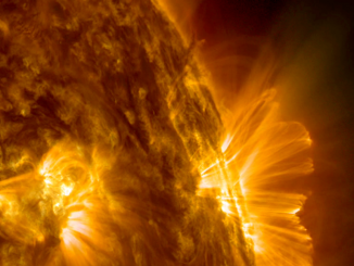 A plasma ejection is seen during a solar flare. Immediately after the eruption, cascades of magnetic loops form over the eruption area as the magnetic fields attempt to reorganize. (NASA/SDO and the AIA, EVE and HMI science teams)