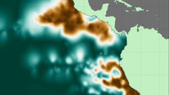 In this image showing the intensity of oxygen-deficient zones, copper colors represent the lowest oxygen concentrations in the eastern Pacific Ocean, while deep teal indicates regions without low oxygen. (Jarek Kwiecinsky, Andrew Babbin, MIT)