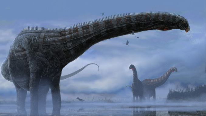 Artist's impression of Dolly, a diplodocid herbivorous dinosaur that lived 150 million years ago during the late Jurassic period. Scientists suggest she may have been infected with aspergillosis, which also affects modern birds. The pulmonary disease infecting this animal would not have been externally evident, but the probable pneumonia-like outward symptoms would have included coughing, labored breathing, nasal discharge, fever and weight loss. (Woodruff et al., 2022/Corbin Rainbolt)