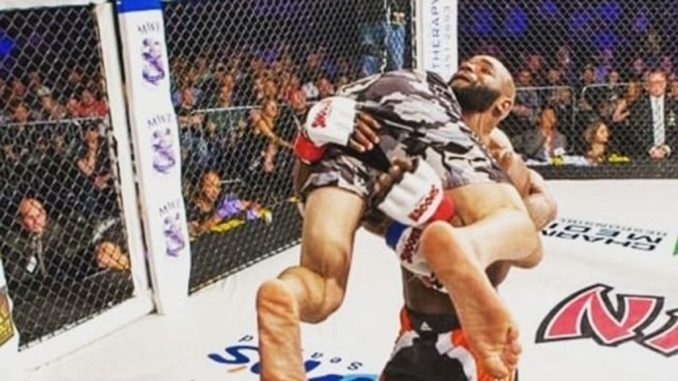Jerome Featherstone Jr. (facing, right) scored a first-round stoppage of Imani Smith in April 2019. Featherstone is 2-1 with two knockouts heading into Saturday's 155-pound mixed martial arts clash with Steve Moleski as part of Shogun Fights XXIV at Maryland Live Casino in Hanover, Maryland.  (Courtesy of Jerome Featherstone Jr.)