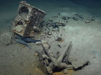 Image of the tryworks was taken from the shipwreck site of brig Industry by a NOAA ROV in the Gulf of Mexico. (NOAA Ocean Exploration/Zenger)