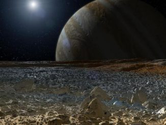 An artist's concept shows a simulated view from the surface of Jupiter's moon Europa. The planet Jupiter looms over the horizon. (NASA/JPL-Caltech)