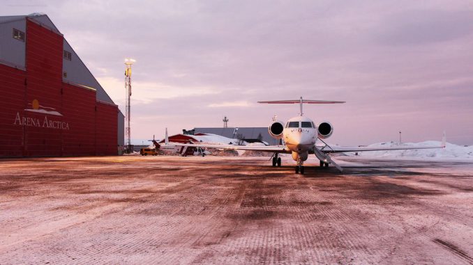 HALO, one of the three research aircraft being used in the HALO-(AC)3 campaign in March 2022, in front of Arena Arctica in Kiruna, Sweden. (Marlen Bruckner-University Leipzig/Zenger News)