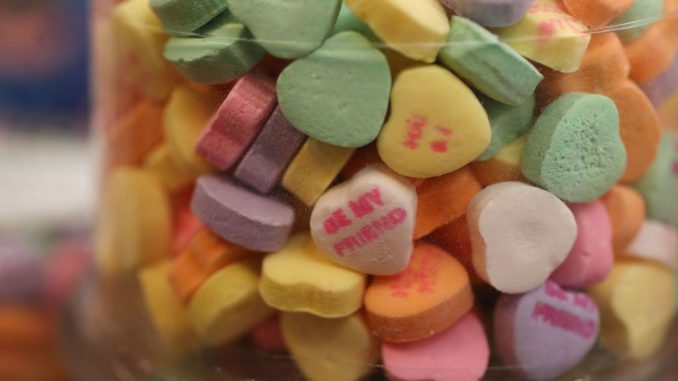 Sweetheart candy hearts are seen on the shelf at the To The Moon Marketplace on January 29, 2019 in Wilton Manors, Florida. William Newcomb who works at the store said, 'they stocked up early on the heart shape candy after learning that the Necco company had filed for bankruptcy protection and went out of business.' The Sweetheart candy was being made by Necco since 1886 and is in short supply after the company went out of business as Valentine’s Day approaches. (Photo by Joe Raedle/Getty Images)