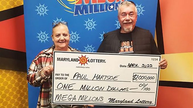 Paul (right) and Teresa Hartsoe (left) of Conowingo, Maryland, celebrate a $1 million Mega Millions win from the drawing on 12th of April 2022. (Maryland Lottery/Zenger).