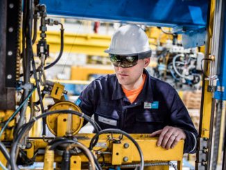 An undated photo of a Bilfinger plant worker wearing Microsoft's HoloLens glasses. (Courtesy of Microsoft)