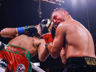 The 6-foot-2 David Benavidez (left) displayed an amalgam of speed, searing accuracy, double-fisted power and finishing skills against the 5-foot-10 David Lemieux on the way to scoring Saturday's third-round TKO victory for the WBC's vacant 168-pound title. (Esther Lin/Showtime)
