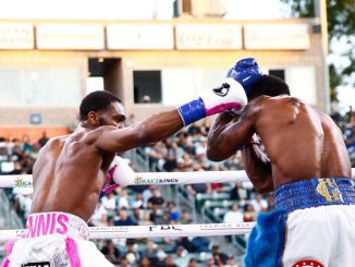  Jaron Ennis (left) floored Custio Clayton (right) with a right to the temple to win a clash of unbeaten fighters by second-round knockout on Saturday. (Stephanie Trapp/Showtime)