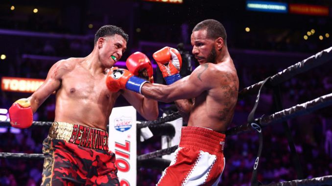“Canelo's got to fight me or give up the belt. ... Charlo doesn't want to get in the ring with me,” said two-time 168-pound champion David Benavidez (left) shown in the September 2019 dethroning of Anthony Dirrell as WBC titleholder by ninth-round knockout. (Ryan Hafey/Premier Boxing Champions)