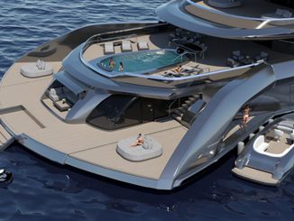 The aft of the cyber yacht “Indah” has sun decks that can be expanded when vessel is anchored. (Courtesy of Cyber Yachts)