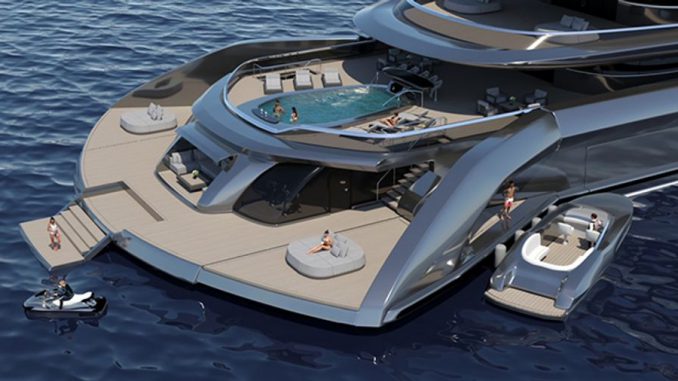 The aft of the cyber yacht “Indah” has sun decks that can be expanded when vessel is anchored. (Courtesy of Cyber Yachts)