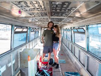 A couple are converting a $10,600 double-decker bus into a home in a bid to escape their $1,400 a month rent. (Alice Keeler, SWNS/Zenger)