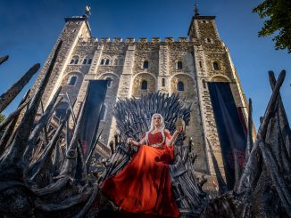 Cosplayer and superfan Sophia sits on the Iron Throne outside the Tower of London to mark the launch of the Game of Thrones prequel, House of the Dragon, in London, England, on Monday, August 8, 2022. (SWNS/Zenger)