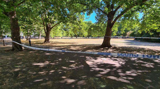 A children's playground and a leisure center are part of a crime scene as police investigate the murder of a 15-year-old boy on Highbury Fields on Thursday, August 4, 2022. Officers were called to the park and found the boy with stab wounds next to a trash can off Highbury Place, in the U.K.(SWNS/Zenger News)