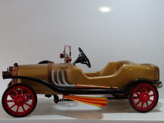An extremely rare model of a Chitty Chitty Bang Bang child’s pedal car, which sold for nearly $2k at an auction held on August 16, 2022. The miniature toy vehicle was made in Italy in 1967 at the famous Pines factory and is in good condition. (James Dadzitis, SWNS/Zenger)